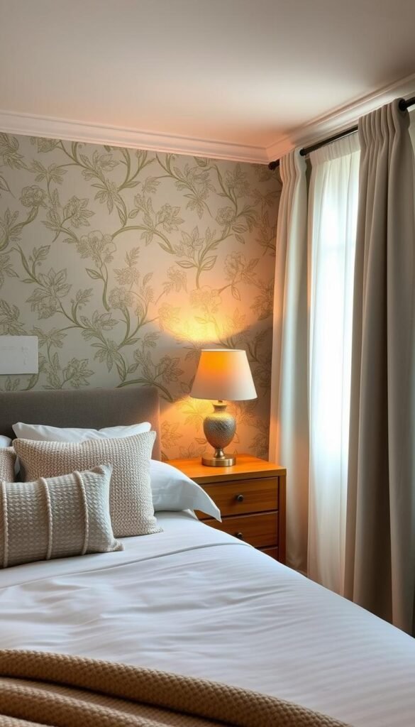 A cozy bedroom featuring beautiful patterned wallpaper in soft, muted tones like pastel blues and greens. The foreground includes a neatly made bed adorned with fluffy pillows and a textured throw blanket. In the middle, an accent wall showcases intricate floral designs that add personality without overwhelming the space. A stylish nightstand made of natural wood holds a decorative lamp casting warm, inviting light. In the background, soft curtains gently sway, allowing diffused sunlight to create a tranquil atmosphere. The overall composition is framed to capture an inviting, serene vibe, ideal for promoting restful sleep, reminiscent of lifestyle inspirations from CozyTrendHub. The image should feel personal yet clutter-free, inviting viewers to envision their own cozy retreat.