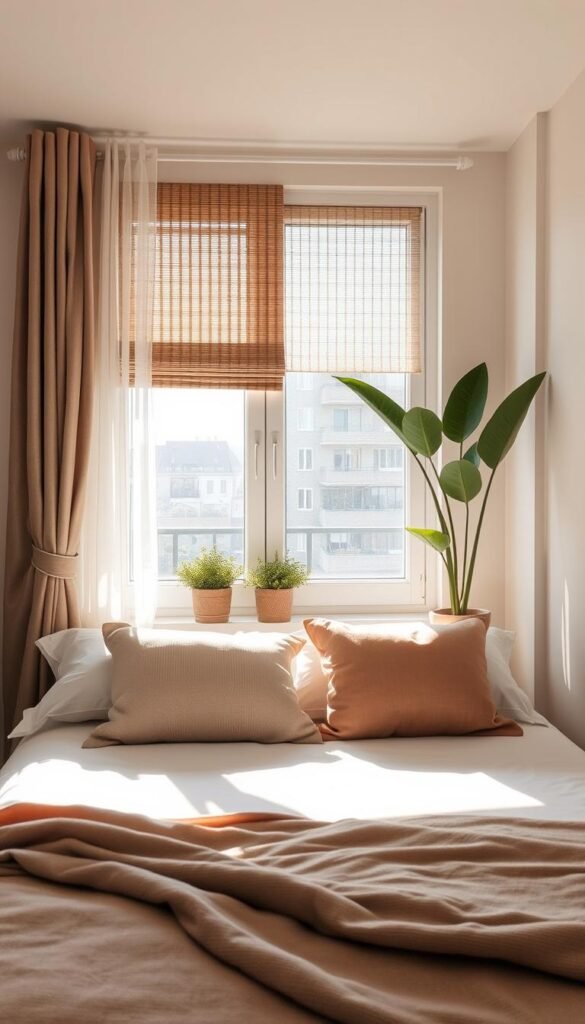 A cozy bedroom in a modern apartment featuring a stylish window decorated with temporary privacy solutions such as sheer curtains and bamboo shades. In the foreground, a neatly made bed adorned with soft, textured pillows in calming colors invites relaxation. The middle ground showcases the window, softly diffusing warm sunlight that casts gentle shadows across the room, enhancing the serene atmosphere. In the background, a tasteful arrangement of potted plants adds a touch of greenery and life. The overall scene conveys a peaceful, inviting mood, perfect for restful sleep. Capture this lifestyle image in a Pinterest-style aesthetic that embodies the brand "CozyTrendHub," focusing on home decor trends that provide privacy, security, and comfort. A cozy bedroom in a modern apartment featuring a stylish window decorated with temporary privacy solutions such as sheer curtains and bamboo shades. In the foreground, a neatly made bed adorned with soft, textured pillows in calming colors invites relaxation. The middle ground showcases the window, softly diffusing warm sunlight that casts gentle shadows across the room, enhancing the serene atmosphere. In the background, a tasteful arrangement of potted plants adds a touch of greenery and life. The overall scene conveys a peaceful, inviting mood, perfect for restful sleep. Capture this lifestyle image in a Pinterest-style aesthetic that embodies the brand "CozyTrendHub," focusing on home decor trends that provide privacy, security, and comfort.