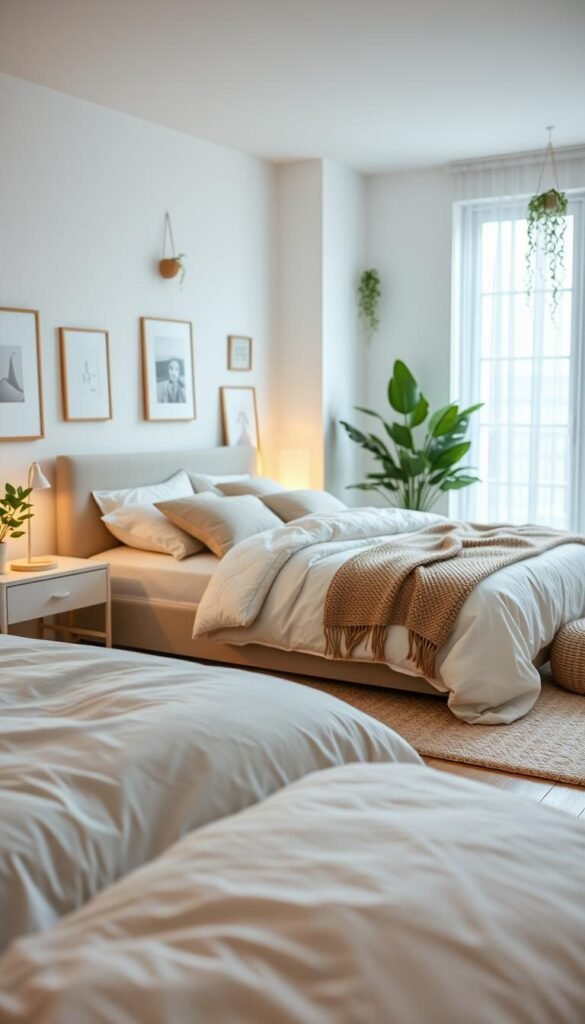 A cozy bedroom layout with a fresh, decluttered look, showcasing a stylish bed dressed in soft, neutral-toned linens, fluffy pillows, and a knitted throw. In the foreground, a sleek nightstand holds a softly glowing lamp and a small potted plant, casting warm light across the room. The middle of the image features an open space allowing for easy movement, with a plush area rug beneath the bed and minimalist decor on the walls. Large windows in the background let in natural light, enhancing the serene atmosphere. A touch of greenery with hanging plants creates a calming effect. The overall mood is inviting and tranquil, ideal for relaxation and sleep. This lifestyle photo reflects the essence of CozyTrendHub's best decor ideas.