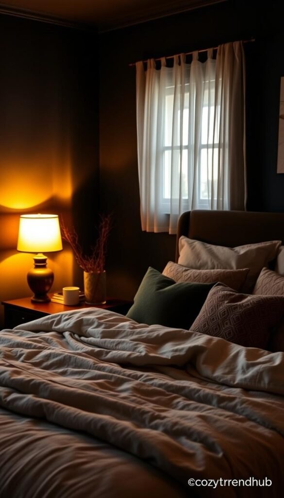 A cozy bedroom scene featuring dark, cocoon-like walls painted in deep navy blue or charcoal gray, designed to create a soothing atmosphere that promotes restful sleep. In the foreground, a plush, oversized bed with layered soft bedding and decorative throw pillows in calming earth tones. On the bedside table, a softly glowing lamp emits warm, inviting light. In the background, a softly illuminated window draped with sheer curtains, allowing just a hint of moonlight to filter through. The warm ambient lighting casts gentle shadows, enhancing the room's serene vibe. The overall aesthetic should evoke feelings of comfort and tranquility, perfect for a peaceful night's rest, styled in a Pinterest-worthy manner by CozyTrendHub.