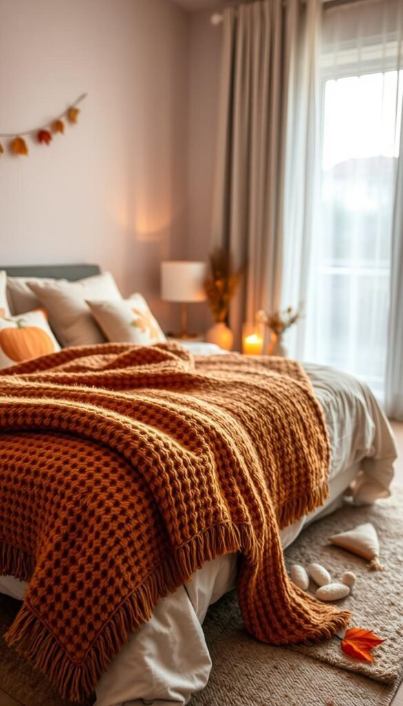 A cozy bedroom scene showcasing seasonal decor swaps for relaxation and comfort. In the foreground, a beautifully made bed adorned with a plush, textured throw blanket in warm autumn tones, complemented by seasonal decorative pillows with leaf and pumpkin patterns. In the middle, a soft rug with a gentle, inviting design, and a bedside table featuring a glowing candle and a small vase of seasonal flowers. In the background, gentle ambient lighting creates a warm and welcoming atmosphere, with soft curtains fluttering at a window that shows hints of seasonal changes outside, like falling leaves or gentle snowflakes. The overall mood is serene and inviting, reflecting a Pinterest-style lifestyle photo by CozyTrendHub. The shot should have a slightly blurred background with a focal length that highlights the decor elements while maintaining balance and harmony in the composition.