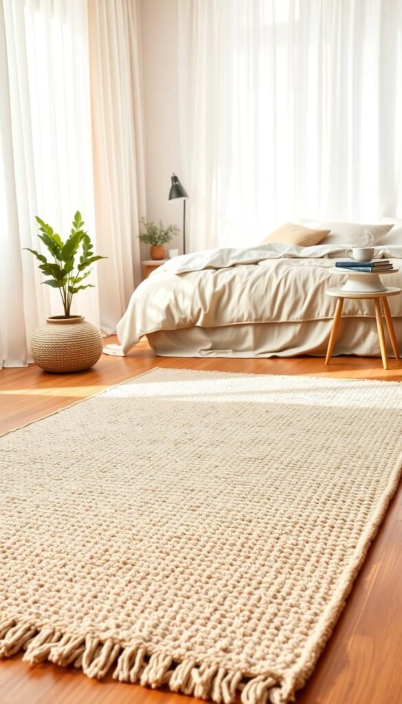 A cozy bedroom setting featuring a beautifully textured area rug in soft, warm tones that complement a tranquil atmosphere. In the foreground, the rug sits invitingly on a polished wooden floor, surrounded by minimalistic decor items like a small plant and a serene bedside lamp. The middle ground showcases a neatly made bed adorned with plush, layered bedding in calming colors, while a small nightstand holds a stack of books and a steaming cup of herbal tea. The background features soft, diffused natural light streaming through sheer curtains, casting gentle shadows that enhance the warm, inviting ambience. This Pinterest-style image encapsulates relaxation and comfort, ideal for an article on cozy bedroom decor. Capture the essence of "CozyTrendHub".