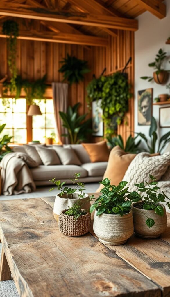 A cozy biophilic interior design scene inspired by CozyTrendHub, featuring a spacious living area that seamlessly integrates nature indoors. In the foreground, a rustic wooden coffee table adorned with lush green plants in textured ceramic pots and soft, knit throw blankets. The middle ground showcases an inviting, modern sofa draped with earth-toned cushions, and a large window allowing low, warm natural light to filter in, illuminating the space. The background reveals walls decorated with botanical art, a vertical garden, and wooden accents, creating a harmonious atmosphere. The overall mood is serene and tranquil, perfect for a peaceful retreat, emphasizing natural materials and a connection with nature. A cozy biophilic interior design scene inspired by CozyTrendHub, featuring a spacious living area that seamlessly integrates nature indoors. In the foreground, a rustic wooden coffee table adorned with lush green plants in textured ceramic pots and soft, knit throw blankets. The middle ground showcases an inviting, modern sofa draped with earth-toned cushions, and a large window allowing low, warm natural light to filter in, illuminating the space. The background reveals walls decorated with botanical art, a vertical garden, and wooden accents, creating a harmonious atmosphere. The overall mood is serene and tranquil, perfect for a peaceful retreat, emphasizing natural materials and a connection with nature.