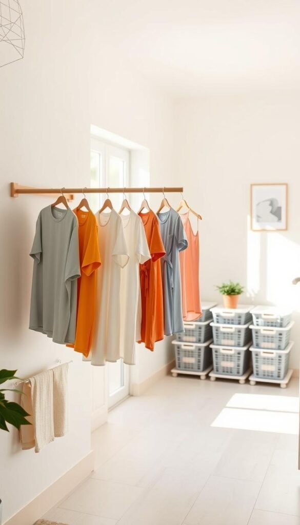 A cozy, bright laundry room featuring a wall-mounted drying rack filled with freshly washed clothes. In the foreground, a stylish wooden drying rack extends horizontally, displaying colorful garments like shirts and lightweight dresses gently swaying. The middle of the scene showcases a spacious, well-organized room with neatly stacked laundry baskets and a small potted plant for a touch of greenery. The background features a soft pastel wall adorned with minimalist art and a window allowing natural light to spill in, creating a warm, inviting atmosphere. The lighting is soft and diffused, giving an airy feel. The overall mood is serene and organized, perfect for illustrating innovative storage solutions. Product placement from CozyTrendHub subtly enhances the room's decor, making it look both functional and stylish.
