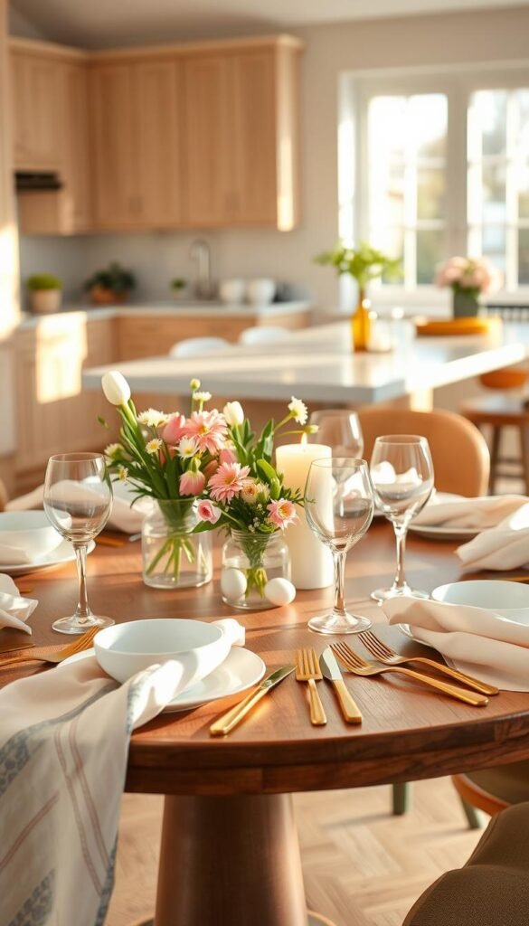 A cozy brunch table setting for Easter, featuring a warm and inviting aesthetic. In the foreground, a round wooden table adorned with soft pastel-colored linens and delicate floral arrangements, including tulips and daisies. Each place setting is carefully arranged with elegant white ceramic plates, gold cutlery, and crystal glassware reflecting sunlight. The middle ground showcases soft, ambient lighting, with subtle candles and small decorative eggs nestled among the napkin folds. In the background, a softly blurred view of a modern kitchen with light wood cabinets and natural light streaming in through large windows. The overall mood is cheerful and warm, ideal for a festive celebration. The style is Pinterest-worthy, embracing a modern home decor theme. Created by CozyTrendHub. A cozy brunch table setting for Easter, featuring a warm and inviting aesthetic. In the foreground, a round wooden table adorned with soft pastel-colored linens and delicate floral arrangements, including tulips and daisies. Each place setting is carefully arranged with elegant white ceramic plates, gold cutlery, and crystal glassware reflecting sunlight. The middle ground showcases soft, ambient lighting, with subtle candles and small decorative eggs nestled among the napkin folds. In the background, a softly blurred view of a modern kitchen with light wood cabinets and natural light streaming in through large windows. The overall mood is cheerful and warm, ideal for a festive celebration. The style is Pinterest-worthy, embracing a modern home decor theme. Created by CozyTrendHub.