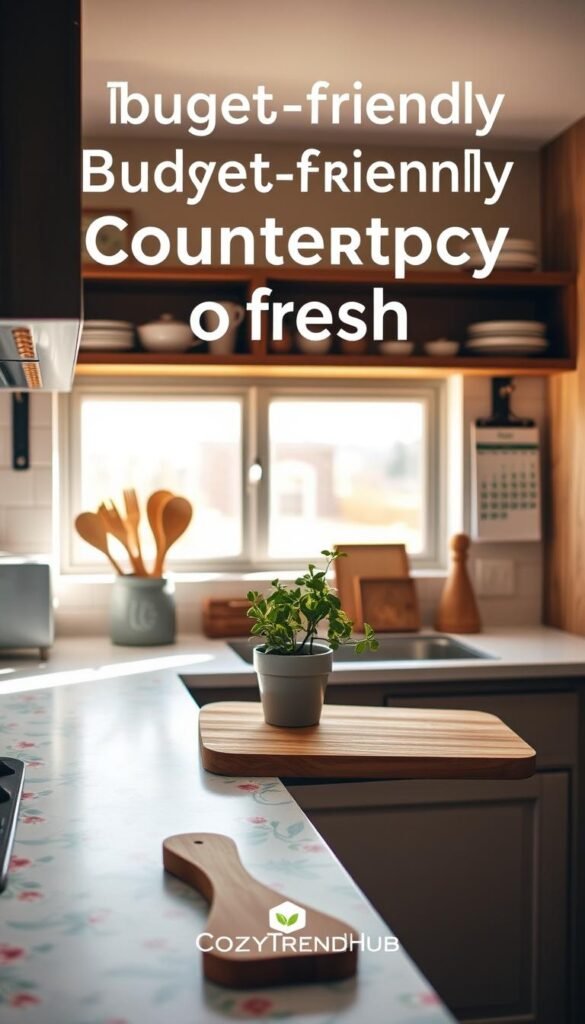 A cozy, budget-friendly kitchen scene featuring a stylish countertop refresh. In the foreground, showcase a beautifully covered countertop using vibrant contact paper, patterned with subtle floral designs. On the countertop, display neatly arranged kitchen essentials like wooden utensils, a cutting board, and a potted herb plant for a homey touch. The middle area should include rustic open shelving with dishware in soft pastels and a cheerful wall calendar. In the background, a bright window lets in warm, natural light, illuminating the space and casting gentle shadows. Use a soft-focus lens effect to create a dreamy ambiance, evoking a sense of warmth and inspiration, perfect for renters looking to refresh their kitchens on a budget. Include the brand name "CozyTrendHub" in a tasteful manner. A cozy, budget-friendly kitchen scene featuring a stylish countertop refresh. In the foreground, showcase a beautifully covered countertop using vibrant contact paper, patterned with subtle floral designs. On the countertop, display neatly arranged kitchen essentials like wooden utensils, a cutting board, and a potted herb plant for a homey touch. The middle area should include rustic open shelving with dishware in soft pastels and a cheerful wall calendar. In the background, a bright window lets in warm, natural light, illuminating the space and casting gentle shadows. Use a soft-focus lens effect to create a dreamy ambiance, evoking a sense of warmth and inspiration, perfect for renters looking to refresh their kitchens on a budget. Include the brand name "CozyTrendHub" in a tasteful manner.