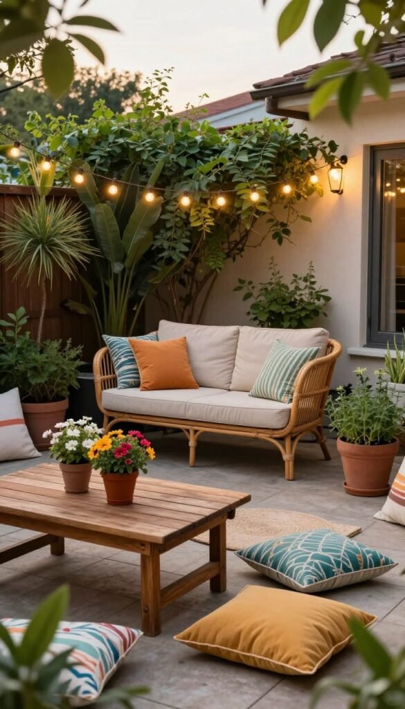 A cozy budget patio designed for small spaces, showcasing stylish outdoor decor ideas. In the foreground, a simple wooden table adorned with colorful potted flowers and a set of cheerful, mismatched outdoor cushions. In the middle, a compact yet charming seating area with a rattan loveseat, surrounded by string lights for a warm glow. Background features lush greenery and a small herb garden, enhancing the inviting atmosphere. The scene is bathed in soft, golden hour lighting, creating a serene and welcoming mood. Capture the essence of a stylish, budget-friendly outdoor space that embodies the spirit of CozyTrendHub, perfect for small patios.