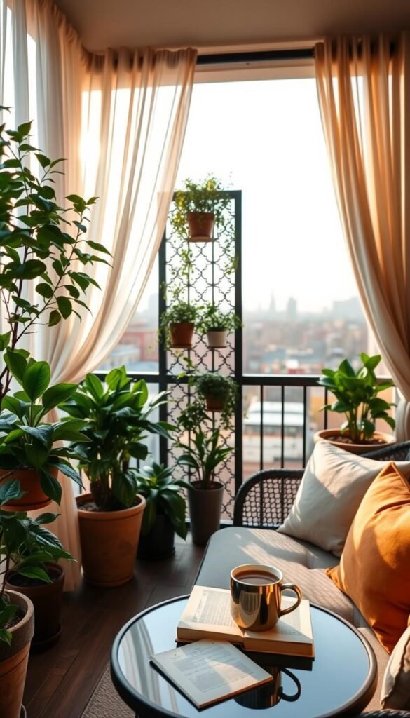 A cozy city balcony designed for privacy and comfort, featuring lush green plants in stylish pots, elegant sheer curtains gently swaying in the breeze, and a comfortable outdoor seating arrangement with soft cushions in warm tones. In the foreground, a small round table holds a steaming cup of tea and a book, inviting relaxation. The middle section showcases a tastefully arranged space with vertical planters and decorative privacy screens. The background reveals a subtle cityscape under a soft golden hour sunlight that casts warm tones, creating a tranquil mood. The image conveys a Pinterest-style lifestyle aesthetic, embodying the essence of urban escape. Ideal for CozyTrendHub, focusing on inviting and stylish small balcony ideas. A cozy city balcony designed for privacy and comfort, featuring lush green plants in stylish pots, elegant sheer curtains gently swaying in the breeze, and a comfortable outdoor seating arrangement with soft cushions in warm tones. In the foreground, a small round table holds a steaming cup of tea and a book, inviting relaxation. The middle section showcases a tastefully arranged space with vertical planters and decorative privacy screens. The background reveals a subtle cityscape under a soft golden hour sunlight that casts warm tones, creating a tranquil mood. The image conveys a Pinterest-style lifestyle aesthetic, embodying the essence of urban escape. Ideal for CozyTrendHub, focusing on inviting and stylish small balcony ideas.