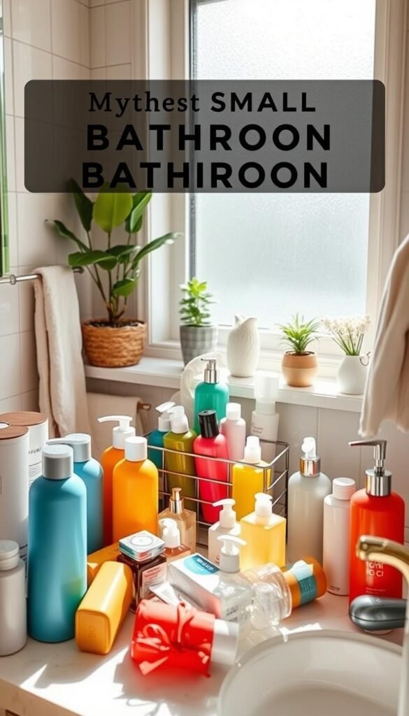 A cozy, cluttered bathroom scene showcasing various colorful shower bottles and toiletries scattered on a stylish, small vanity. In the foreground, a vibrant assortment of shampoo, conditioner, body wash, and skincare products in sleek containers, some partially opened, displaying their textures. The middle ground features a neatly organized yet slightly chaotic countertop with a bathroom organizer containing matching bottles. Soft natural light pours in from a frosted window, creating a warm and inviting atmosphere. In the background, subtle hints of elegant bathroom decor, such as fresh towels and houseplants, enhance the cozy feel. The image conveys the challenges of small bathroom organization, perfect for a Pinterest-style lifestyle photo that aligns with CozyTrendHub's aesthetic.