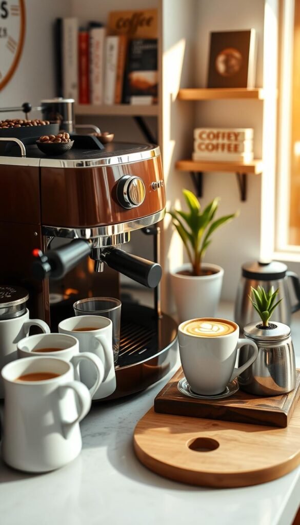 A cozy coffee bar setup perfect for small counters, featuring a sleek espresso machine with rich brown tones and polished chrome accents in the foreground. A variety of coffee beans and stylish mugs are artistically arranged beside the machine, with warm morning light gently illuminating the scene. In the middle, there are delicate latte art and a freshly brewed cup sitting on a rustic wooden tray, showcasing an inviting morning routine. The background subtly displays charming decor, such as a small potted plant and artful wall shelves holding coffee-related books and accessories. The atmosphere is warm and inviting, emanating a sense of convenience and charm synonymous with the brand CozyTrendHub. Use a soft focus lens to create a dreamy effect, capturing the essence of a perfect coffee moment.
