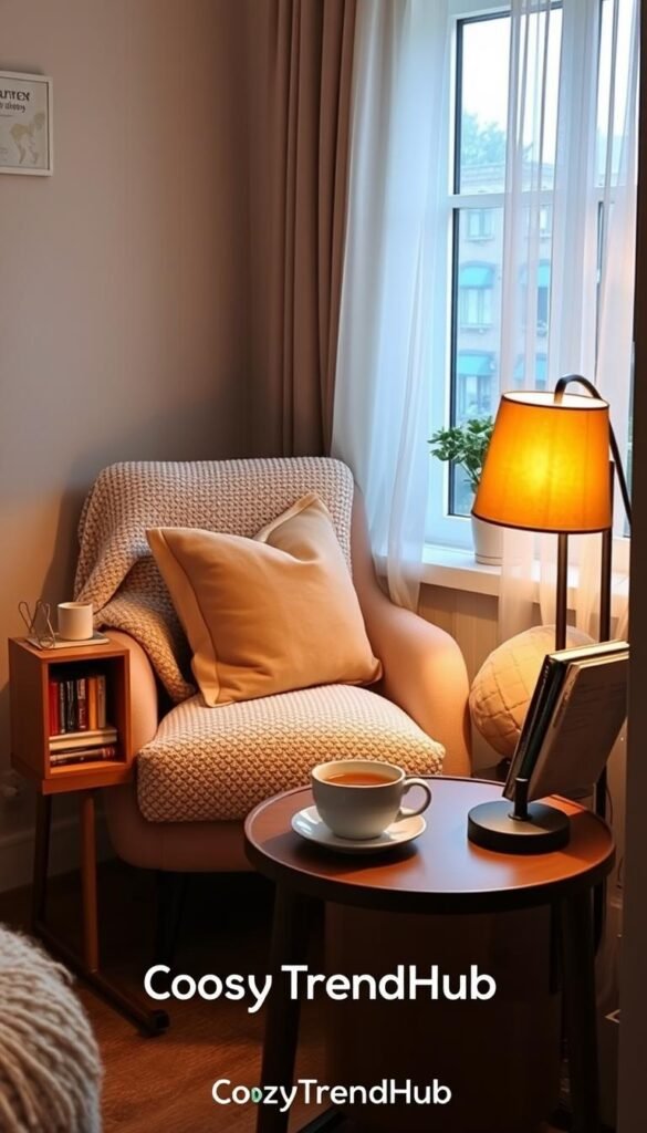 A cozy corner designed for reading and relaxation, showcasing a stylish armchair adorned with a soft textured throw and plump cushions. In the foreground, a small side table holds a steaming cup of tea and a decorative bookshelf filled with colorful books. The middle ground features a well-lit floor lamp with a warm glow, illuminating the inviting atmosphere. In the background, a window with sheer curtains allows natural light to spill in, enhancing the peaceful ambiance. The overall scene is set in a charming, compact living space, demonstrating how to optimize small areas for comfort and style. The brand name "CozyTrendHub" subtly integrated into the decor. Soft, natural lighting with an inviting, tranquil mood. A cozy corner designed for reading and relaxation, showcasing a stylish armchair adorned with a soft textured throw and plump cushions. In the foreground, a small side table holds a steaming cup of tea and a decorative bookshelf filled with colorful books. The middle ground features a well-lit floor lamp with a warm glow, illuminating the inviting atmosphere. In the background, a window with sheer curtains allows natural light to spill in, enhancing the peaceful ambiance. The overall scene is set in a charming, compact living space, demonstrating how to optimize small areas for comfort and style. The brand name "CozyTrendHub" subtly integrated into the decor. Soft, natural lighting with an inviting, tranquil mood.