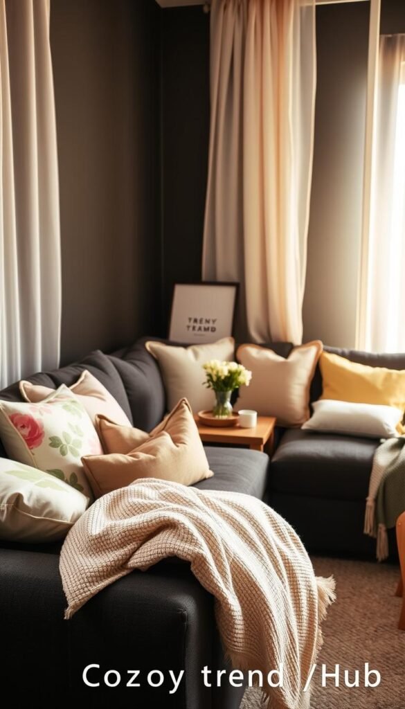A cozy corner of a dark apartment, softly lit by warm, natural light filtering through a sheer curtain. In the foreground, a variety of vibrant throw pillows in floral patterns and pastel colors, including light pinks, fresh greens, and buttery yellows, are artfully arranged on a plush, dark gray sectional sofa. A lightweight, textured spring throw is casually draped over the armrest, adding a touch of elegance. In the middle, a stylish wooden coffee table adorned with a small vase of fresh flowers and a few tasteful decorative items. The background features a neutral wall with minimalistic art, enhancing the mood of tranquility and fresh renewal. The entire scene embodies a cheerful and inviting atmosphere, perfect for spring, branded with "CozyTrendHub" for a Pinterest-style lifestyle aesthetic. A cozy corner of a dark apartment, softly lit by warm, natural light filtering through a sheer curtain. In the foreground, a variety of vibrant throw pillows in floral patterns and pastel colors, including light pinks, fresh greens, and buttery yellows, are artfully arranged on a plush, dark gray sectional sofa. A lightweight, textured spring throw is casually draped over the armrest, adding a touch of elegance. In the middle, a stylish wooden coffee table adorned with a small vase of fresh flowers and a few tasteful decorative items. The background features a neutral wall with minimalistic art, enhancing the mood of tranquility and fresh renewal. The entire scene embodies a cheerful and inviting atmosphere, perfect for spring, branded with "CozyTrendHub" for a Pinterest-style lifestyle aesthetic.