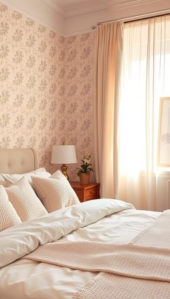 A cozy, elegant bedroom featuring soft pastel patterns on the walls, promoting a serene atmosphere ideal for summer decor in a small apartment. In the foreground, a neatly made bed with fluffy white bedding and a delicate woven throw blanket, adorned with patterned cushions in muted tones. The middle layer showcases patterned wallpaper with subtle floral designs that add texture without overwhelming the space. The background reveals a softly illuminated room with natural light streaming through sheer curtains, illuminating a small potted plant on a wooden nightstand, and a calming artwork framed on the wall. The overall mood is refreshing and inviting, perfect for a summer escape indoors. Capture this image in a warm, soft lighting, simulating a sunrise effect, and reference the style of "CozyTrendHub."
