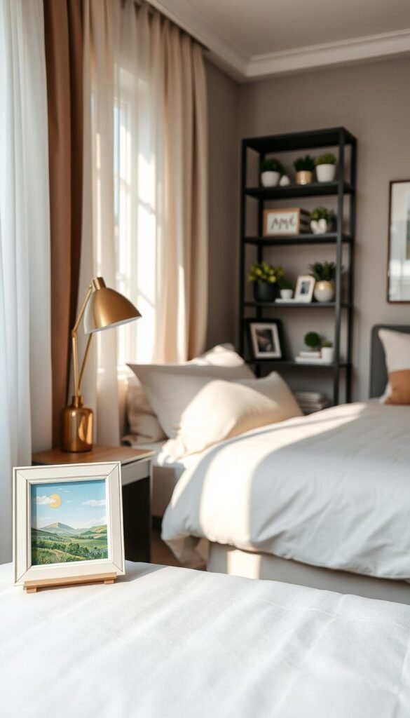 A cozy, elegantly designed small bedroom showcasing a harmonious blend of miniature art and right-scale decor pieces. In the foreground, a delicate, framed miniature painting of a tranquil landscape rests on a sleek bedside table. The middle features a beautifully made bed with soft, neutral-toned linens and strategically placed decorative pillows. Adjacent, a stylish bookshelf holds various small potted plants and compact art objects. In the background, soft natural light filters through sheer curtains, casting gentle shadows, emphasizing a serene atmosphere. The overall mood is inviting and harmonious, reflecting the idea of reducing visual clutter while maximizing style. The image embodies a Pinterest-worthy aesthetic, perfect for CozyTrendHub, with a focus on stylish, practical design for small spaces. A cozy, elegantly designed small bedroom showcasing a harmonious blend of miniature art and right-scale decor pieces. In the foreground, a delicate, framed miniature painting of a tranquil landscape rests on a sleek bedside table. The middle features a beautifully made bed with soft, neutral-toned linens and strategically placed decorative pillows. Adjacent, a stylish bookshelf holds various small potted plants and compact art objects. In the background, soft natural light filters through sheer curtains, casting gentle shadows, emphasizing a serene atmosphere. The overall mood is inviting and harmonious, reflecting the idea of reducing visual clutter while maximizing style. The image embodies a Pinterest-worthy aesthetic, perfect for CozyTrendHub, with a focus on stylish, practical design for small spaces.