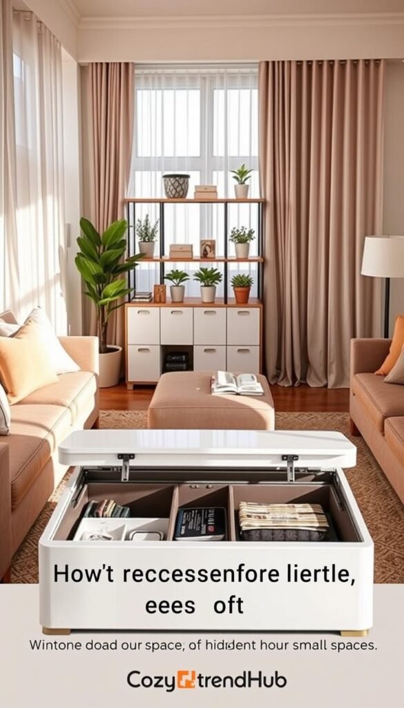 A cozy, elegantly designed small living space featuring multi-use furniture with hidden storage solutions. In the foreground, a stylish, modern coffee table lifts to reveal organized compartments, surrounded by plush, neutral-toned sofas adorned with soft cushions. In the middle, a compact shelving unit showcases decorative boxes and potted plants, while a streamlined ottoman doubles as seating and storage. The background captures a sunlit window draped with light sheer curtains, enhancing the warm, inviting atmosphere. Soft, natural lighting filters through, creating gentle shadows that add depth to the scene. The overall mood is fresh and inspiring, ideal for renters looking to maximize their small spaces. Styled in a Pinterest-worthy aesthetic, branded with CozyTrendHub's signature touch.