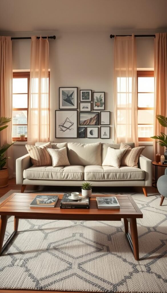A cozy, elegantly styled rental room that embodies modern aesthetic decor for 2026. In the foreground, a stylish, minimalist wooden coffee table adorned with a few chic magazines and a small potted succulent. In the middle, a plush mid-century modern sofa with soft, textured cushions in neutral tones. A striking gallery wall featuring curated artwork adds character, while a geometric area rug anchors the space. In the background, large windows allow warm, natural light to pour in, highlighting soft curtains that gently sway. The atmosphere is inviting and serene, perfect for showcasing how to choose aesthetic decor that works in a rental. Include "CozyTrendHub" branding subtly integrated into the decor. Use a soft focus lens effect for a dreamy ambiance. A cozy, elegantly styled rental room that embodies modern aesthetic decor for 2026. In the foreground, a stylish, minimalist wooden coffee table adorned with a few chic magazines and a small potted succulent. In the middle, a plush mid-century modern sofa with soft, textured cushions in neutral tones. A striking gallery wall featuring curated artwork adds character, while a geometric area rug anchors the space. In the background, large windows allow warm, natural light to pour in, highlighting soft curtains that gently sway. The atmosphere is inviting and serene, perfect for showcasing how to choose aesthetic decor that works in a rental. Include "CozyTrendHub" branding subtly integrated into the decor. Use a soft focus lens effect for a dreamy ambiance.