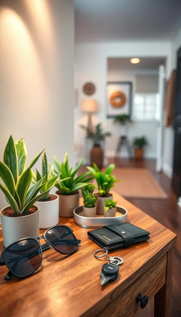 A cozy entryway drop zone, showcasing a stylish wooden console table adorned with vibrant potted plants and decorative trays. In the foreground, a pair of elegant sunglasses, a sleek wallet, and a set of keys with a chic keychain rest on the table, emphasizing the "small essentials." The middle ground features a modern, inviting area with warm lighting illuminating the scene, creating a homely atmosphere. In the background, a glimpse of a softly decorated hallway with artful wall hangings and a welcoming mat can be seen. The image reflects a Pinterest-style lifestyle, aiming for a balance of functionality and aesthetic appeal, perfect for "CozyTrendHub." Capture this scene with a soft focus lens, enhancing the warm tones and inviting mood.
