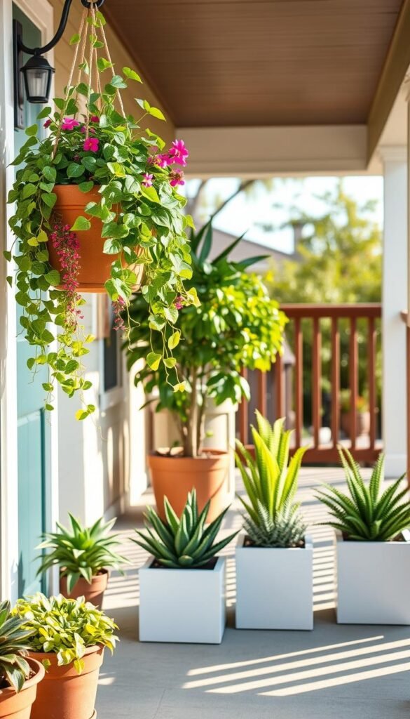 A cozy front porch adorned with vibrant, lush plants in stylish pots, occupying minimal walking space. In the foreground, a hanging planter with cascading green vines and colorful flowers blooms. The middle ground features clean, modern planters with neatly arranged succulents and ferns, seamlessly integrating into the porch's design. In the background, a charming wooden railing and a sunny sky enhance the inviting atmosphere. The scene is illuminated by soft, warm sunlight, casting gentle shadows that add depth to the image. Shot from a slightly angled perspective, this Pinterest-style lifestyle photo aligns with seasonal home decor themes. Ideal for a lovely, tranquil vibe, showcasing space-saving plant arrangements that inspire. Brand: CozyTrendHub. A cozy front porch adorned with vibrant, lush plants in stylish pots, occupying minimal walking space. In the foreground, a hanging planter with cascading green vines and colorful flowers blooms. The middle ground features clean, modern planters with neatly arranged succulents and ferns, seamlessly integrating into the porch's design. In the background, a charming wooden railing and a sunny sky enhance the inviting atmosphere. The scene is illuminated by soft, warm sunlight, casting gentle shadows that add depth to the image. Shot from a slightly angled perspective, this Pinterest-style lifestyle photo aligns with seasonal home decor themes. Ideal for a lovely, tranquil vibe, showcasing space-saving plant arrangements that inspire. Brand: CozyTrendHub.