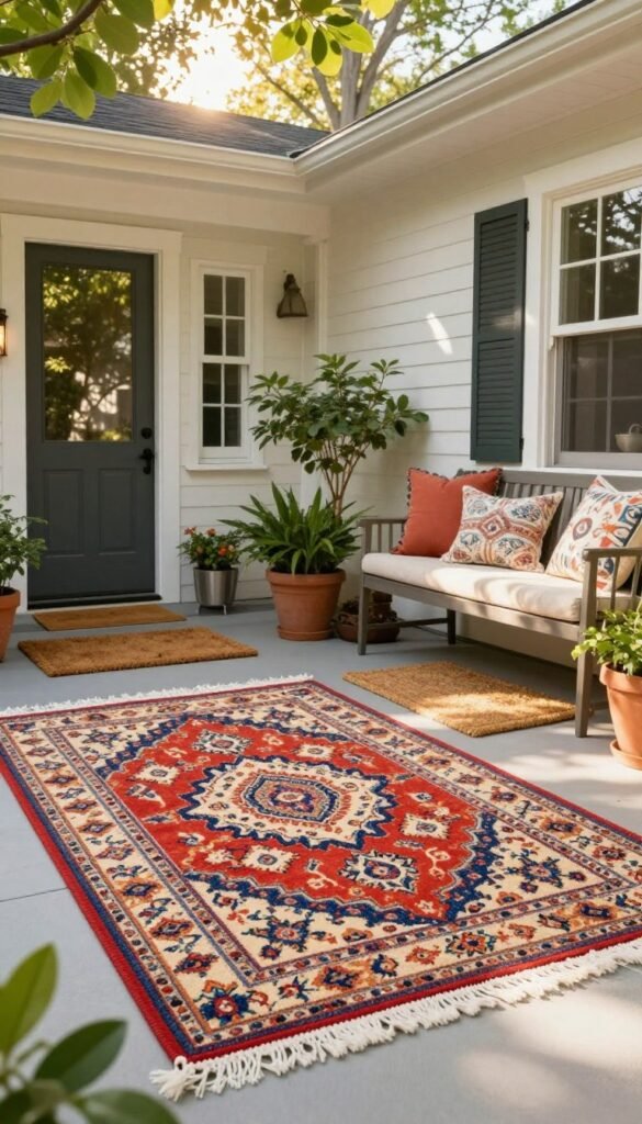 A cozy front porch scene featuring a beautifully styled rug layered with chic doormats, designed to anchor the space. In the foreground, showcase a vibrant, patterned rug, complemented by a natural fiber doormat. The middle ground should display potted plants with lush greenery and a comfortable bench adorned with decorative pillows. The background includes a charming house with a welcoming door, framed by soft, warm sunlight filtering through the leaves of nearby trees. The overall mood evokes a serene summer ambiance, perfect for inviting guests. The image should capture the essence of stylish outdoor living, embodying the brand CozyTrendHub&rsquo;s aesthetic. Use a wide-angle lens for depth, and ensure bright, natural lighting for a fresh feel.