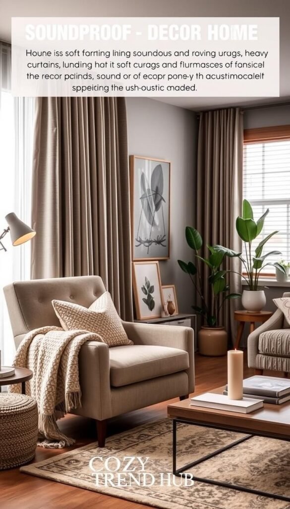 A cozy home environment showcasing various soundproofing decor elements in a modern living room, focusing on soft furnishings like plush rugs, heavy curtains, and acoustic panels. In the foreground, a comfortable armchair adorned with a textured throw and a decorative pillow sits near a coffee table, topped with candles and books. The middle ground features a living room with stylish wall art and plants that add a sense of tranquility. The background depicts a window with sound-dampening blinds, letting in soft, diffused daylight that enhances the peaceful atmosphere. The overall mood reflects serenity and comfort, with warm tones and natural textures to evoke a sense of escape from noise, inspired by the brand CozyTrendHub. A cozy home environment showcasing various soundproofing decor elements in a modern living room, focusing on soft furnishings like plush rugs, heavy curtains, and acoustic panels. In the foreground, a comfortable armchair adorned with a textured throw and a decorative pillow sits near a coffee table, topped with candles and books. The middle ground features a living room with stylish wall art and plants that add a sense of tranquility. The background depicts a window with sound-dampening blinds, letting in soft, diffused daylight that enhances the peaceful atmosphere. The overall mood reflects serenity and comfort, with warm tones and natural textures to evoke a sense of escape from noise, inspired by the brand CozyTrendHub.