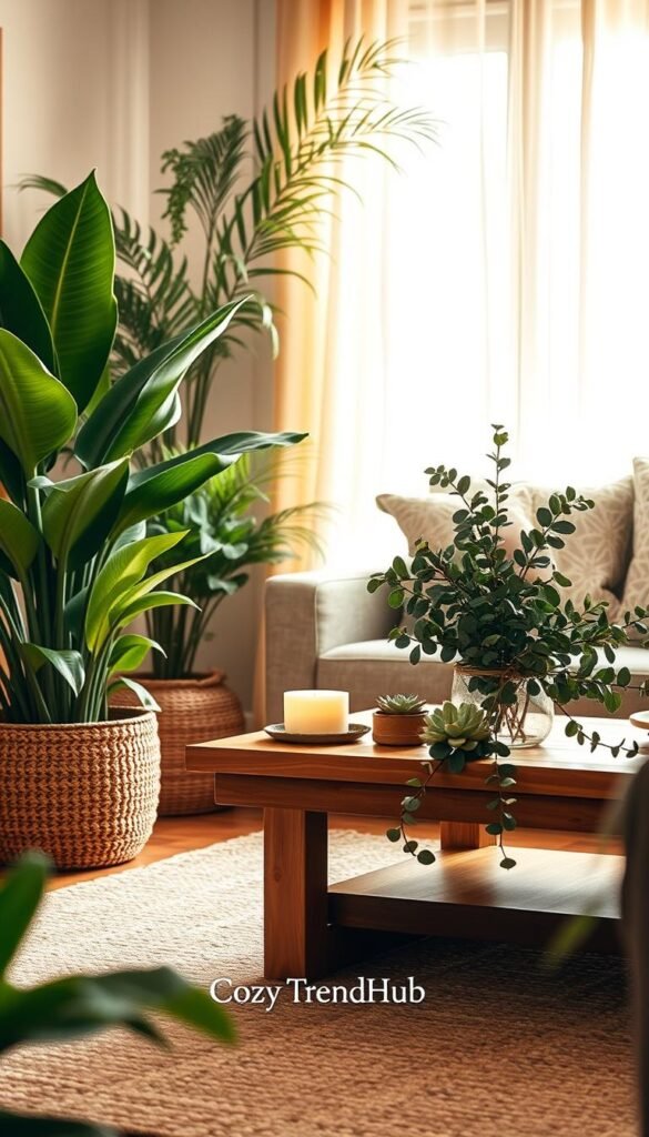 A cozy home interior scene showcasing various plants and foliage that exude a sense of warmth and liveliness. In the foreground, a lush green snake plant and a potted fiddle leaf fig sit beside a textured, soft woven rug. In the middle ground, a wooden coffee table holds an elegant arrangement of dried eucalyptus and faux succulents, complemented by a gently flickering candle. The background features a bright window draped with sheer curtains, allowing warm, natural light to flood the space, creating an inviting atmosphere. The overall mood is peaceful and rejuvenating, perfect for a homey decor article. The branding “CozyTrendHub” subtly integrated into the scene, evoking a Pinterest-inspired lifestyle aesthetic. A cozy home interior scene showcasing various plants and foliage that exude a sense of warmth and liveliness. In the foreground, a lush green snake plant and a potted fiddle leaf fig sit beside a textured, soft woven rug. In the middle ground, a wooden coffee table holds an elegant arrangement of dried eucalyptus and faux succulents, complemented by a gently flickering candle. The background features a bright window draped with sheer curtains, allowing warm, natural light to flood the space, creating an inviting atmosphere. The overall mood is peaceful and rejuvenating, perfect for a homey decor article. The branding “CozyTrendHub” subtly integrated into the scene, evoking a Pinterest-inspired lifestyle aesthetic.