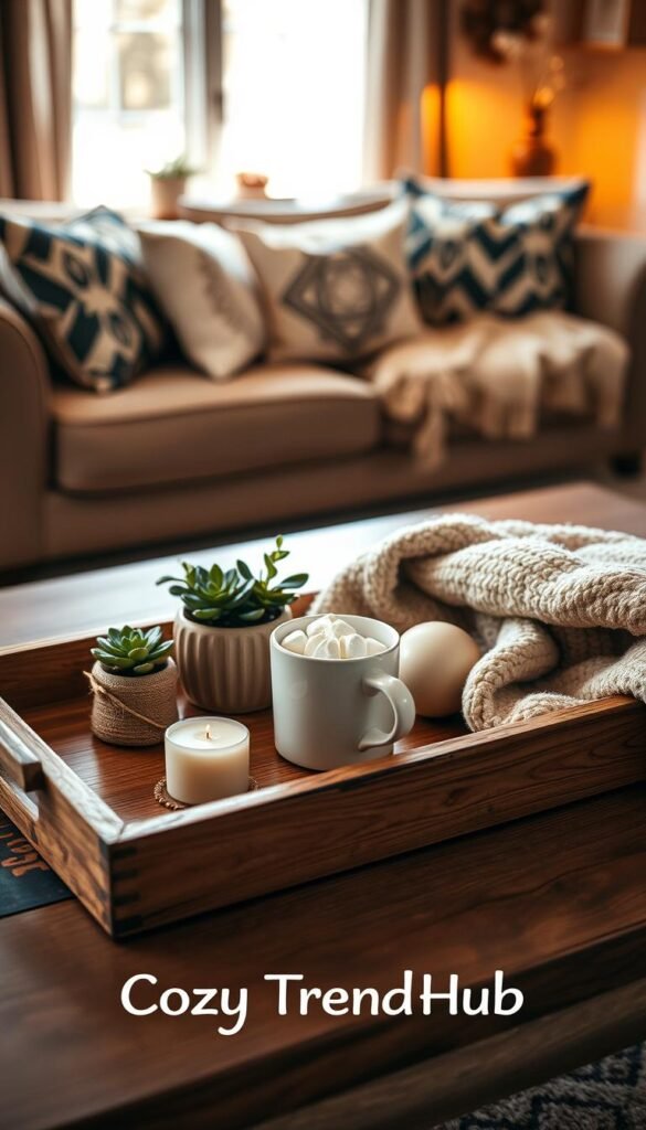A cozy home tray styled beautifully, featuring a warm color palette of soft browns and creams. The tray is filled with decorative items including a small potted plant, a stylish coffee mug with marshmallows, a scented candle, and a plush throw blanket casually draped. In the foreground, the focus is on the tray arranged on a rustic wooden coffee table. In the middle background, a softly lit living room scene shows a comfortable couch with decorative pillows and a cozy atmosphere, illuminated by warm, natural light coming from a nearby window. The mood is inviting and tranquil, perfect for a stylish lifestyle blog. The brand name &ldquo;CozyTrendHub&rdquo; is subtly integrated into the ambiance.