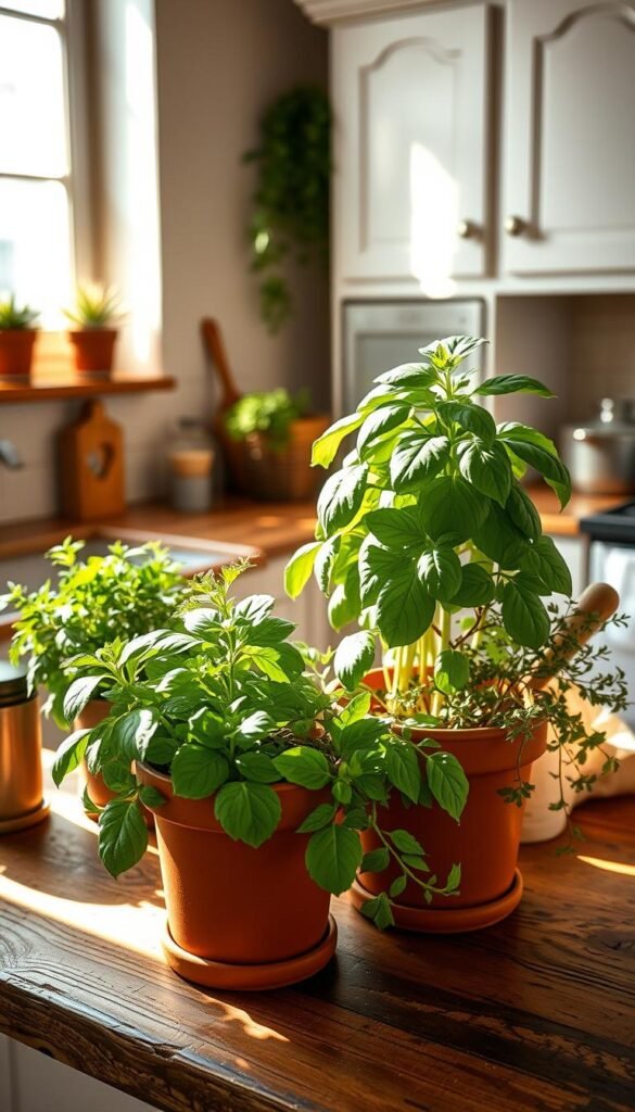 A cozy indoor kitchen scene showcasing a variety of vibrant kitchen plants arranged on a rustic wooden countertop. In the foreground, a lush basil plant in a terracotta pot is illuminated by soft natural sunlight streaming through a nearby window, casting gentle shadows. The middle layer features a mix of fresh herbs like parsley and thyme in elegantly shaped containers, nestled among charming kitchen utensils. The background reveals a warm, inviting kitchen with bright white cabinetry and potted succulents on a windowsill, creating a serene atmosphere. The overall mood is fresh and rejuvenating, perfect for spring cooking. This image embodies the spirit of "CozyTrendHub" with its Pinterest-inspired aesthetic. A cozy indoor kitchen scene showcasing a variety of vibrant kitchen plants arranged on a rustic wooden countertop. In the foreground, a lush basil plant in a terracotta pot is illuminated by soft natural sunlight streaming through a nearby window, casting gentle shadows. The middle layer features a mix of fresh herbs like parsley and thyme in elegantly shaped containers, nestled among charming kitchen utensils. The background reveals a warm, inviting kitchen with bright white cabinetry and potted succulents on a windowsill, creating a serene atmosphere. The overall mood is fresh and rejuvenating, perfect for spring cooking. This image embodies the spirit of "CozyTrendHub" with its Pinterest-inspired aesthetic.