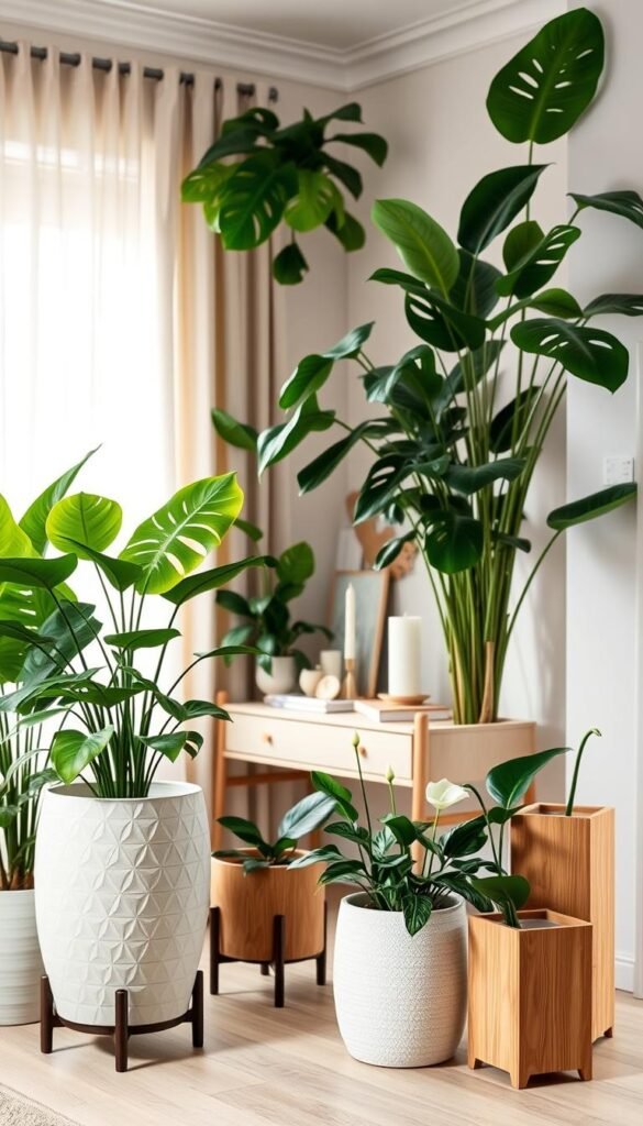 A cozy indoor scene featuring a variety of lush green plants, including monstera, snake plants, and peace lilies, elegantly arranged in stylish freestanding planters. In the foreground, a large ceramic planter with a vibrant plant adds a pop of color, while smaller planters in natural wood finishes are positioned artfully around it. The middle ground showcases a minimalist console table adorned with decorative elements like candles and books, enhancing the biophilic aesthetic. The background features a softly lit window with sheer curtains, allowing natural light to filter through, creating a warm and inviting atmosphere. The image should evoke a sense of tranquility and connection to nature, showcasing a stylish, Pinterest-inspired home decor setting. Capture the essence of the CozyTrendHub brand with subtle sophistication. A cozy indoor scene featuring a variety of lush green plants, including monstera, snake plants, and peace lilies, elegantly arranged in stylish freestanding planters. In the foreground, a large ceramic planter with a vibrant plant adds a pop of color, while smaller planters in natural wood finishes are positioned artfully around it. The middle ground showcases a minimalist console table adorned with decorative elements like candles and books, enhancing the biophilic aesthetic. The background features a softly lit window with sheer curtains, allowing natural light to filter through, creating a warm and inviting atmosphere. The image should evoke a sense of tranquility and connection to nature, showcasing a stylish, Pinterest-inspired home decor setting. Capture the essence of the CozyTrendHub brand with subtle sophistication.