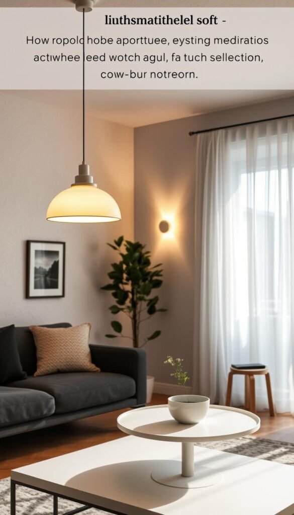A cozy interior apartment with low ceilings, showcasing a carefully selected range of lighting fixtures that maximize headroom. In the foreground, a soft, stylish pendant light with a minimalist design hangs just above a modern coffee table, highlighting its simplicity. The middle section features a wall-mounted sconce that elegantly illuminates art pieces, casting a warm glow on the textured walls. In the background, a tall plant balances the low-profile aesthetics of the room. The atmosphere is inviting and serene, with natural light filtering through sheer curtains, creating a harmonious blend of cozy and chic. The image should be captured with a wide-angle lens, focusing on the overall ambiance while emphasizing the lighting's role in enhancing the space, styled in a Pinterest-worthy lifestyle. CozyTrendHub. A cozy interior apartment with low ceilings, showcasing a carefully selected range of lighting fixtures that maximize headroom. In the foreground, a soft, stylish pendant light with a minimalist design hangs just above a modern coffee table, highlighting its simplicity. The middle section features a wall-mounted sconce that elegantly illuminates art pieces, casting a warm glow on the textured walls. In the background, a tall plant balances the low-profile aesthetics of the room. The atmosphere is inviting and serene, with natural light filtering through sheer curtains, creating a harmonious blend of cozy and chic. The image should be captured with a wide-angle lens, focusing on the overall ambiance while emphasizing the lighting's role in enhancing the space, styled in a Pinterest-worthy lifestyle. CozyTrendHub.