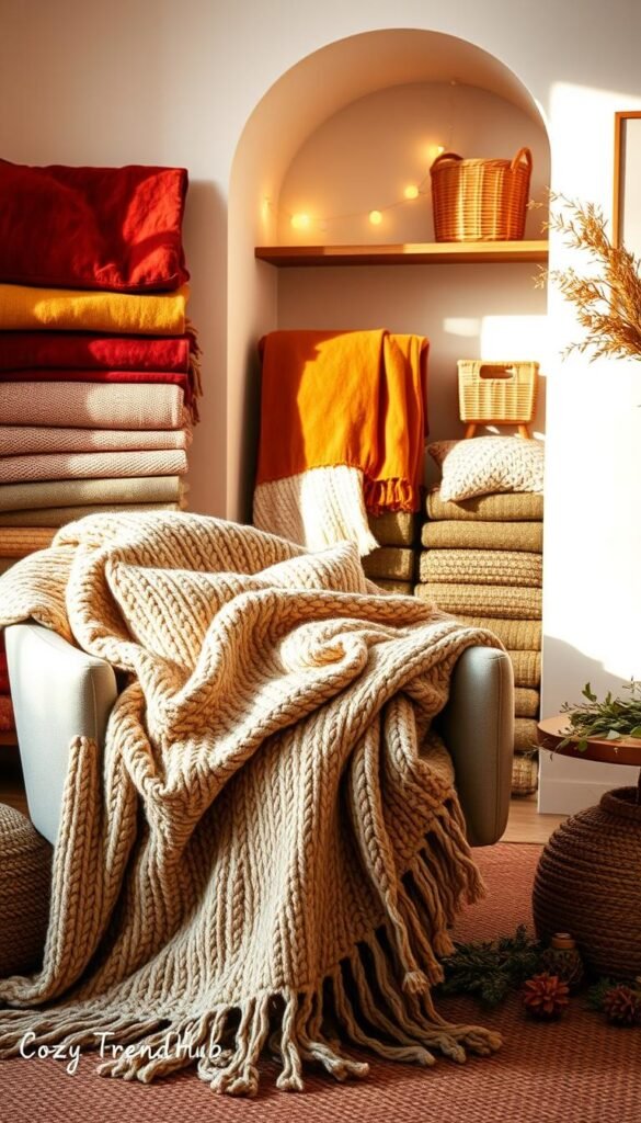 A cozy interior scene featuring a collection of beautifully arranged textiles designed to add warmth to small spaces. In the foreground, a plush, oversized knitted throw blanket drapes over a modern armchair, complemented by a soft, patterned cushion. The middle ground showcases a variety of fabric swatches, such as rich velvets, warm wool blends, and textured linens in earthy tones like rust, mustard, and olive green. In the background, a softly lit nook with ambient fairy lights and a small wooden shelf adorned with woven baskets enhances the inviting atmosphere. The lighting is warm and natural, reminiscent of golden hour, creating a serene and comfortable mood. Ideal for a Pinterest-style lifestyle photo, capturing a perfect blend of style and coziness, branded with "CozyTrendHub".