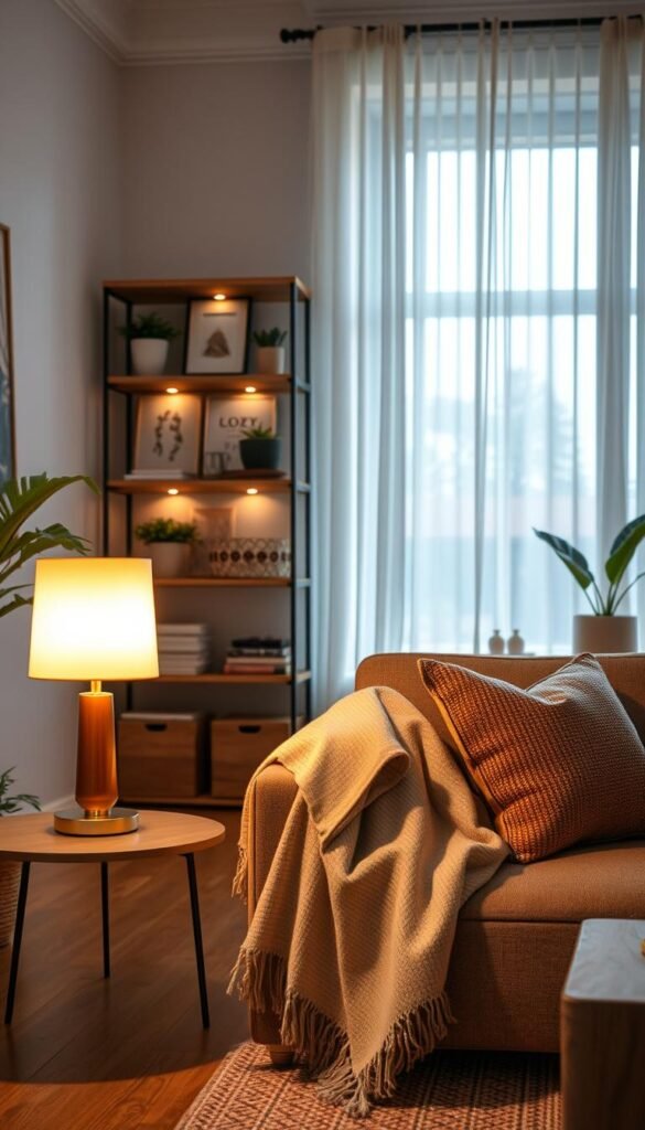 A cozy interior scene featuring soft ambient lighting to illustrate lighting tips for a relaxing atmosphere. In the foreground, a stylish minimalist lamp with a warm glow sits on a chic side table next to a plush armchair draped in a soft throw blanket. The middle ground showcases a serene living room setup, with subtle highlights reflecting off a tastefully arranged bookshelf, filled with decorative elements and potted plants. In the background, a large window allows natural daylight to filter through sheer curtains, complementing the soft light. The overall mood is tranquil and inviting, with a color palette of warm neutrals and earth tones. Incorporate a subtle brand presence of "CozyTrendHub" within the decor. Capture this scene with a slightly elevated angle to enhance depth, emphasizing the calming essence of the space. A cozy interior scene featuring soft ambient lighting to illustrate lighting tips for a relaxing atmosphere. In the foreground, a stylish minimalist lamp with a warm glow sits on a chic side table next to a plush armchair draped in a soft throw blanket. The middle ground showcases a serene living room setup, with subtle highlights reflecting off a tastefully arranged bookshelf, filled with decorative elements and potted plants. In the background, a large window allows natural daylight to filter through sheer curtains, complementing the soft light. The overall mood is tranquil and inviting, with a color palette of warm neutrals and earth tones. Incorporate a subtle brand presence of "CozyTrendHub" within the decor. Capture this scene with a slightly elevated angle to enhance depth, emphasizing the calming essence of the space.