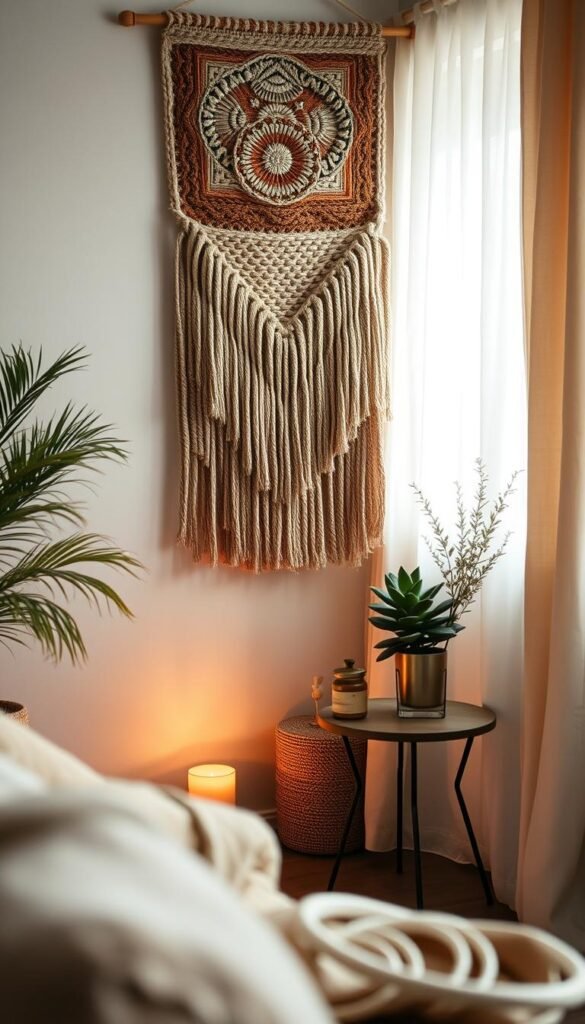 A cozy interior scene showcasing a beautifully arranged textiles wall hanging decor, featuring intricate woven patterns and warm earth tones. The foreground displays a stylish, woven tapestry draped over a minimalist wooden frame, enhanced by soft fringe details. The middle ground includes a small, elegantly styled table with a few decorative items, such as a potted succulent and a flickering candle, creating an inviting atmosphere. In the background, light pours in from a softly illuminated window adorned with sheer curtains, enriching the space with natural light. The overall mood is warm and tranquil, perfect for conveying a sense of comfort. Capture this image in a natural lens focus, emphasizing the textures of the textiles and the harmonious palette. Ideal for showcasing on CozyTrendHub.