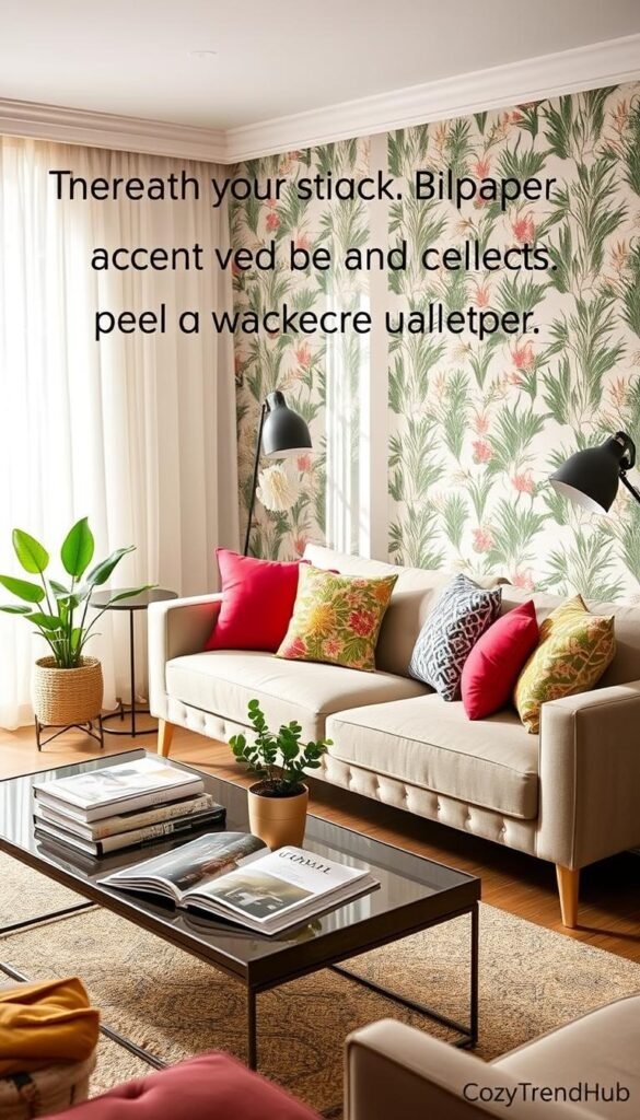 A cozy interior scene showcasing innovative peel-and-stick wallpaper ideas from CozyTrendHub, featuring a stylish living room. In the foreground, a modern sofa adorned with colorful throw pillows, contrasting against a beautifully designed accent wall with a botanical wallpaper pattern. In the middle ground, a chic coffee table displays magazines and decorative items, while a potted plant adds a touch of greenery. The background reveals a softly lit space with natural light filtering through sheer curtains, highlighting the wallpaper's texture and colors. The atmosphere is warm and inviting, embodying a Pinterest-style lifestyle aesthetic that inspires creativity in home decor. The image should capture details like the wallpaper's vibrant patterns and the comfort of the space, inviting viewers to consider their own peel-and-stick decor choices. A cozy interior scene showcasing innovative peel-and-stick wallpaper ideas from CozyTrendHub, featuring a stylish living room. In the foreground, a modern sofa adorned with colorful throw pillows, contrasting against a beautifully designed accent wall with a botanical wallpaper pattern. In the middle ground, a chic coffee table displays magazines and decorative items, while a potted plant adds a touch of greenery. The background reveals a softly lit space with natural light filtering through sheer curtains, highlighting the wallpaper's texture and colors. The atmosphere is warm and inviting, embodying a Pinterest-style lifestyle aesthetic that inspires creativity in home decor. The image should capture details like the wallpaper's vibrant patterns and the comfort of the space, inviting viewers to consider their own peel-and-stick decor choices.