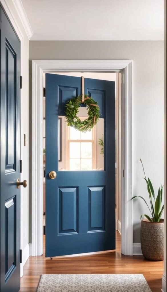 A cozy interior space showcasing a beautifully painted front door in an accent color, positioned prominently in the foreground. The door, framed by a stylish wreath, opens to a welcoming hallway adorned with carefully painted walls in soft, renter-friendly hues like light gray and pale blue. In the middle ground, there are glimpses of tasteful d&eacute;cor, including potted plants and minimalist art that complement the paint colors. The background features a warmly lit living area with natural light streaming in through a window, creating a serene atmosphere. The image should evoke a sense of style and comfort, capturing the essence of renter-safe upgrades. Perfect for a cozy living space inspiration from CozyTrendHub, the scene is an inviting blend of modern elegance and warmth.
