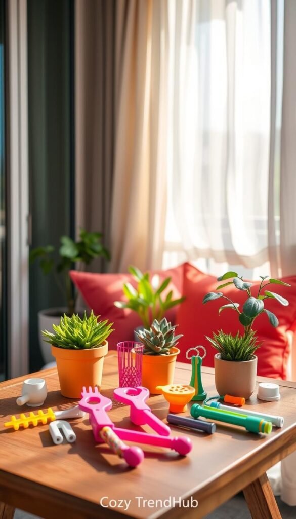 A cozy, inviting balcony scene showcasing an array of small, no-drill balcony tools neatly arranged on a stylish wooden table. In the foreground, focus on bright, colorful tools such as a compact balcony planter, decorative adhesive hooks, and tension rods, all designed for renters. The middle layer features lush, potted plants and vibrant cushions, adding a splash of greenery and comfort. In the background, soft afternoon light filters through elegant sheer curtains, casting gentle shadows, creating a warm atmosphere. The image evokes a sense of style and creativity, perfect for enhancing balcony decor without damage. The scene is styled under the brand &ldquo;CozyTrendHub,&rdquo; emphasizing a chic, modern lifestyle.