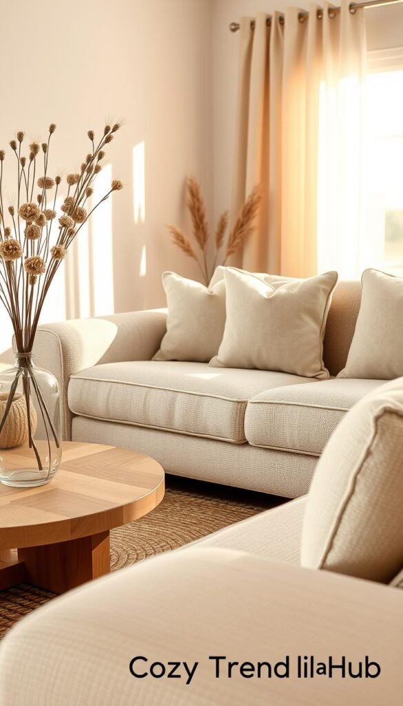 A cozy, inviting living room scene featuring a neutral palette. In the foreground, a soft, textured beige sofa adorned with plush cream-colored pillows. To the left, a natural wood coffee table is topped with a simple, elegant vase of dried flowers in muted tones. In the middle, a woven area rug anchors the space, showcasing subtle patterns. The background includes a softly lit window with sheer curtains, allowing warm, natural light to flood the room, enhancing its inviting atmosphere. Soft shadows emphasize the comfortable ambiance. The overall mood is warm and serene, reflecting a stylish yet cozy decor. The photo is styled in a Pinterest-worthy lifestyle aesthetic, branded with "CozyTrendHub", capturing timeless elegance in home decor. A cozy, inviting living room scene featuring a neutral palette. In the foreground, a soft, textured beige sofa adorned with plush cream-colored pillows. To the left, a natural wood coffee table is topped with a simple, elegant vase of dried flowers in muted tones. In the middle, a woven area rug anchors the space, showcasing subtle patterns. The background includes a softly lit window with sheer curtains, allowing warm, natural light to flood the room, enhancing its inviting atmosphere. Soft shadows emphasize the comfortable ambiance. The overall mood is warm and serene, reflecting a stylish yet cozy decor. The photo is styled in a Pinterest-worthy lifestyle aesthetic, branded with "CozyTrendHub", capturing timeless elegance in home decor.