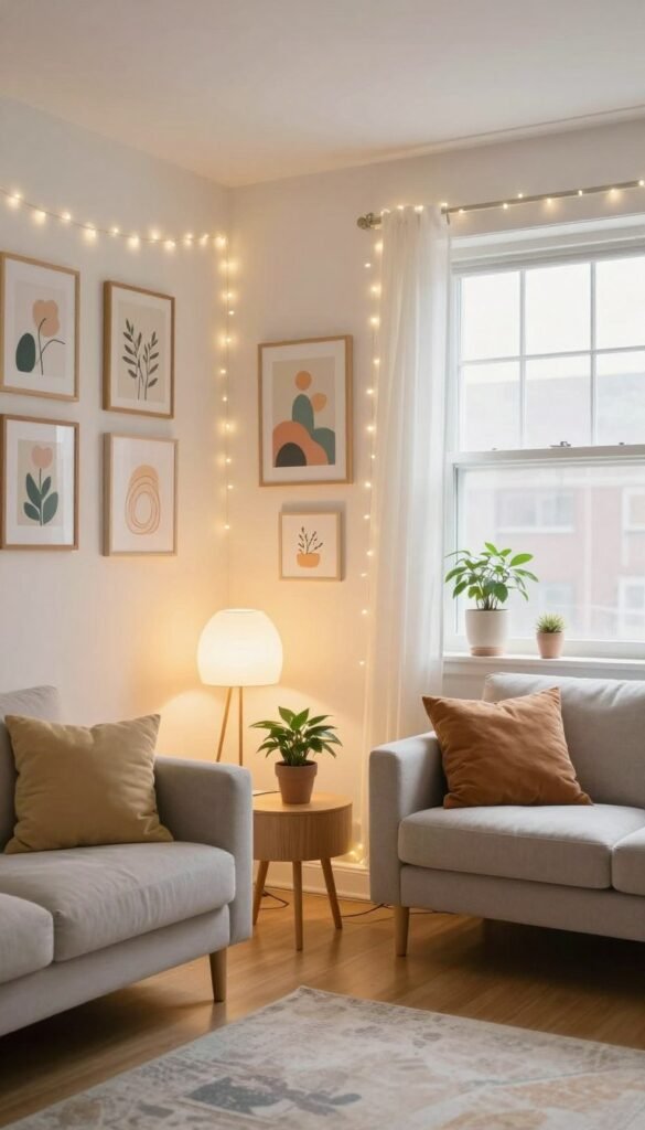 A cozy, inviting living room scene featuring stylish renter-friendly lighting upgrades. In the foreground, a minimalist floor lamp with a soft, warm glow stands beside a small potted plant on a wooden side table. The middle ground showcases a wall adorned with removable adhesive fairy lights that outline a gallery of framed art. A large window in the background allows natural light to stream in, highlighting the soft pastel colors of the decor. The atmosphere is uplifting and vibrant, evoking a sense of spring renewal. Use a soft focus with a wide-angle lens to capture the room's full ambiance. The overall vibe is trendy, yet practical, emphasizing modern, accessible home decor. Include the brand name "CozyTrendHub" subtly in the scene. A cozy, inviting living room scene featuring stylish renter-friendly lighting upgrades. In the foreground, a minimalist floor lamp with a soft, warm glow stands beside a small potted plant on a wooden side table. The middle ground showcases a wall adorned with removable adhesive fairy lights that outline a gallery of framed art. A large window in the background allows natural light to stream in, highlighting the soft pastel colors of the decor. The atmosphere is uplifting and vibrant, evoking a sense of spring renewal. Use a soft focus with a wide-angle lens to capture the room's full ambiance. The overall vibe is trendy, yet practical, emphasizing modern, accessible home decor. Include the brand name "CozyTrendHub" subtly in the scene.