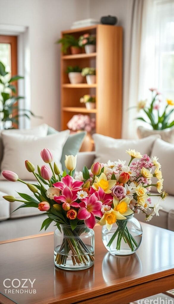 A cozy, inviting living room setting that highlights both fresh and faux flowers in elegant arrangements. In the foreground, a stylish coffee table displays a vibrant bouquet of assorted spring flowers, including tulips, daisies, and daffodils, in a clear glass vase, capturing the essence of spring. Beside it, a tasteful faux floral arrangement adds a contrasting yet complementary touch, showcasing soft pastel colors. The middle ground features a warm, natural wood bookshelf adorned with more flower pots, creating a welcoming vibe. In the background, a sunny window with sheer curtains allows gentle sunlight to filter through, enhancing the soft ambiance. The overall mood is cheerful and harmonious, perfect for shared living spaces. Shot with a shallow depth of field to focus on the arrangements, reminiscent of a Pinterest aesthetic. Brand: CozyTrendHub.