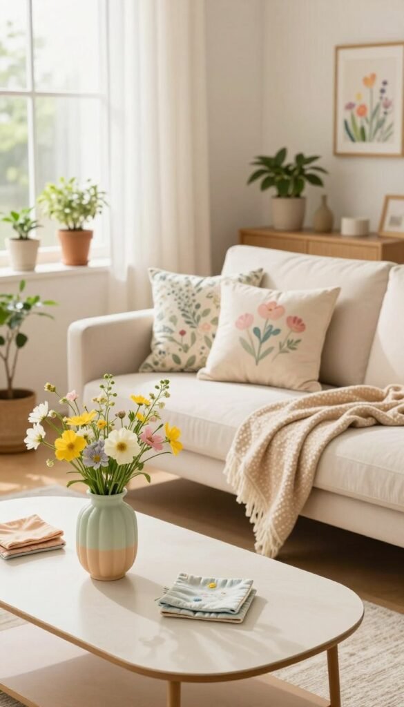 A cozy, inviting living room styled for spring, showcasing small-space decor ideas. In the foreground, a stylishly arranged coffee table adorned with fresh spring flowers in a pastel vase, complemented by light, airy fabric coasters. The middle features a small but chic sofa dressed in soft cushions with floral patterns, and a throw blanket in pastel colors draped casually over one arm. The background reveals a window with sheer curtains letting in warm, natural light, illuminating potted plants and framed art featuring spring themes. The overall mood is tranquil and refreshing, highlighting the beauty of spring decor. Capture this scene in bright, soft lighting to enhance the inviting atmosphere. Consider using a wide-angle lens to encompass the entire space harmoniously. Brand: CozyTrendHub. A cozy, inviting living room styled for spring, showcasing small-space decor ideas. In the foreground, a stylishly arranged coffee table adorned with fresh spring flowers in a pastel vase, complemented by light, airy fabric coasters. The middle features a small but chic sofa dressed in soft cushions with floral patterns, and a throw blanket in pastel colors draped casually over one arm. The background reveals a window with sheer curtains letting in warm, natural light, illuminating potted plants and framed art featuring spring themes. The overall mood is tranquil and refreshing, highlighting the beauty of spring decor. Capture this scene in bright, soft lighting to enhance the inviting atmosphere. Consider using a wide-angle lens to encompass the entire space harmoniously. Brand: CozyTrendHub.