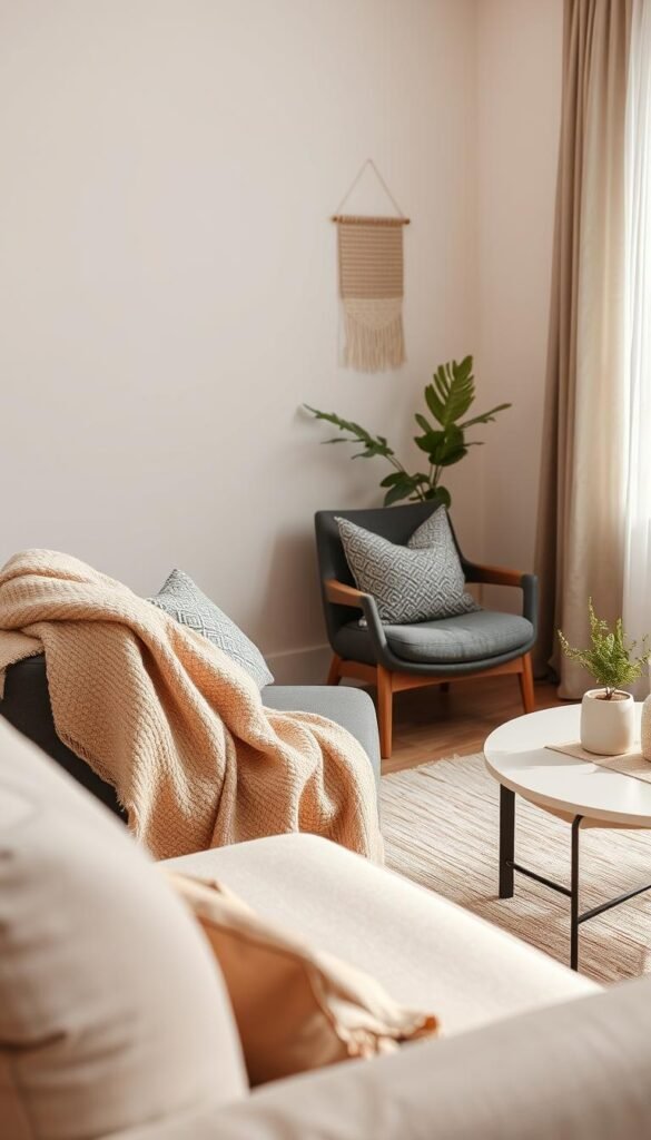A cozy, inviting minimalistic living room in a small space, featuring a mix of textiles that enhance simplicity and functionality. In the foreground, a soft, textured throw blanket in muted earth tones drapes over a sleek, modern accent chair. Next to it, a patterned cushion adds a touch of interest. The middle ground shows a tasteful coffee table adorned with a small potted plant and a stylish linen table runner. The background includes a light-colored wall adorned with subtle textile wall art, complemented by soft natural light coming through a sheer curtain. The scene has a warm, tranquil atmosphere, perfect for a minimalist aesthetic. The image should evoke a sense of comfort and elegance, representing the brand CozyTrendHub. Soft focus, warm lighting, and a slightly elevated angle to capture depth.