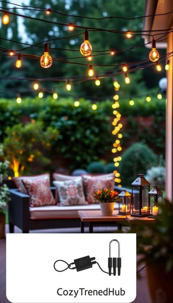 A cozy, inviting patio scene decorated with renter-friendly string lights that elegantly hang above. In the foreground, there's a small, stylish outdoor seating arrangement featuring a comfortable, neutral-tone sofa adorned with patterned cushions. The middle ground showcases the warm glow of the string lights, casting a soft illumination on a small potted plant and decorative lanterns on a wooden side table. In the background, a lush green garden is visible, with soft bokeh effects. The lighting is warm and inviting, mimicking the golden hour, creating a peaceful ambiance. Shot from a slightly elevated angle to capture the overall atmosphere, emphasizing the cozy vibe. Branding included: "CozyTrendHub".
