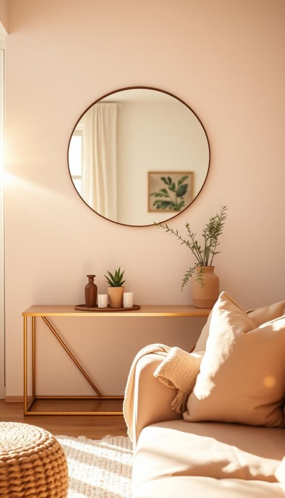 A cozy, inviting small apartment interior featuring a stylish wall-mounted mirror. In the foreground, a round, elegantly framed mirror reflects warm, soft afternoon light filtering through a nearby window. The mirror is placed above a chic, minimalist console table adorned with decorative plants and small candles. In the middle ground, we see a comfy, modern couch with plush cushions, set against a backdrop of light-colored walls, making the space feel open and airy. Soft textiles like a woven throw blanket and a fluffy rug enhance the atmosphere of warmth and comfort. The scene is brightly lit, with a slight lens flare and a shallow depth of field for a dreamy effect. This image evokes a snug, stylish ambiance, perfect for "CozyTrendHub" decor inspiration.