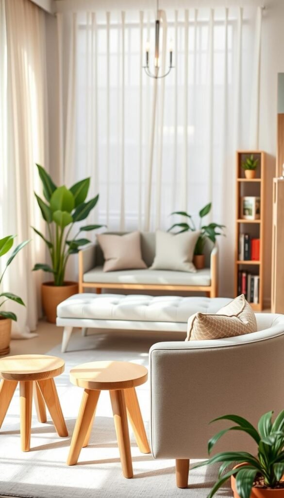 A cozy, inviting small living room setting featuring elegant seating options that don’t overcrowd the space. In the foreground, a stylish low-back sofa in a soft pastel color paired with two minimalist wooden stools, arranged to create a harmonized look. The middle ground showcases a sleek, modern bench with plush cushions, enhancing the aesthetic appeal. The background offers a glimpse of lush indoor plants and a beautifully curated bookshelf. Soft, natural lighting filters in through sheer curtains, casting a warm glow that elevates the ambiance. The atmosphere is serene and inviting, perfect for a chic, small-space decor theme. This lifestyle scene reflects the ethos of CozyTrendHub, emphasizing functional and aesthetically pleasing design elements. A cozy, inviting small living room setting featuring elegant seating options that don’t overcrowd the space. In the foreground, a stylish low-back sofa in a soft pastel color paired with two minimalist wooden stools, arranged to create a harmonized look. The middle ground showcases a sleek, modern bench with plush cushions, enhancing the aesthetic appeal. The background offers a glimpse of lush indoor plants and a beautifully curated bookshelf. Soft, natural lighting filters in through sheer curtains, casting a warm glow that elevates the ambiance. The atmosphere is serene and inviting, perfect for a chic, small-space decor theme. This lifestyle scene reflects the ethos of CozyTrendHub, emphasizing functional and aesthetically pleasing design elements.