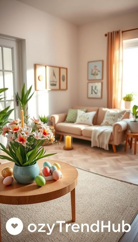 A cozy, inviting small living space decorated for spring, showcasing a harmonious blend of vibrant pastel colors and natural materials. In the foreground, a chic coffee table adorned with a fresh flower vase, colorful easter eggs, and seasonal candles. In the middle, a stylish area rug complements a plush sofa, accented with spring-themed cushions and a light throw blanket. The background features a sunny window with sheer curtains, allowing warm sunlight to fill the room, illuminating potted plants and decorative art on the walls. The overall mood is fresh and revitalizing, evoking the joy of the season. Capture this scene in soft, natural lighting, using a wide-angle lens to emphasize the space’s inviting atmosphere. Branding element: CozyTrendHub to channel inspiration for spring decor fast. A cozy, inviting small living space decorated for spring, showcasing a harmonious blend of vibrant pastel colors and natural materials. In the foreground, a chic coffee table adorned with a fresh flower vase, colorful easter eggs, and seasonal candles. In the middle, a stylish area rug complements a plush sofa, accented with spring-themed cushions and a light throw blanket. The background features a sunny window with sheer curtains, allowing warm sunlight to fill the room, illuminating potted plants and decorative art on the walls. The overall mood is fresh and revitalizing, evoking the joy of the season. Capture this scene in soft, natural lighting, using a wide-angle lens to emphasize the space’s inviting atmosphere. Branding element: CozyTrendHub to channel inspiration for spring decor fast.