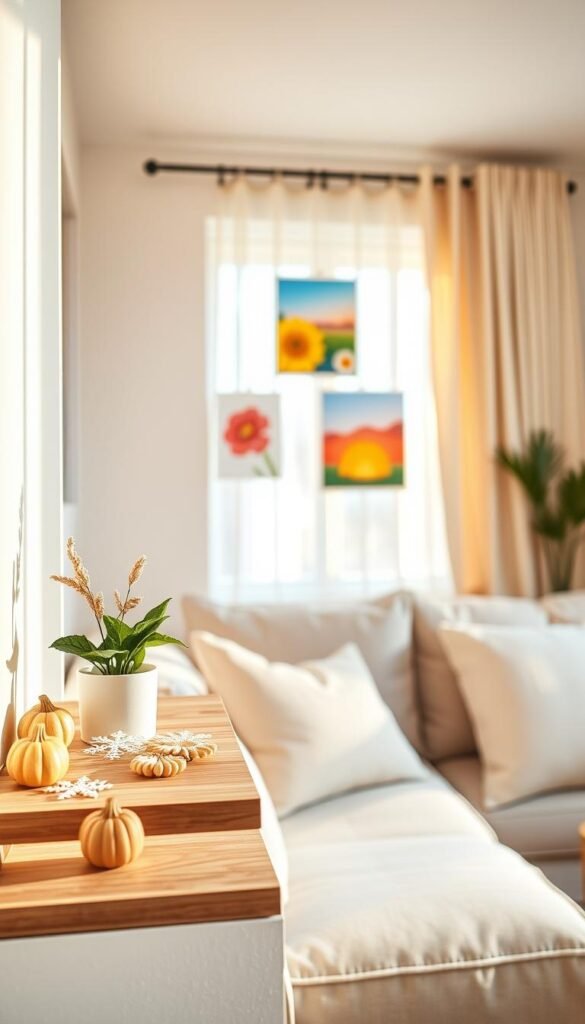 A cozy, inviting small living space styled with seasonal wall decor swaps. In the foreground, a minimalist wooden shelf showcases delicate, seasonal items like small pumpkins for autumn and intricate snowflakes for winter, paired with a potted plant. In the middle, a textured wall adorned with removable art pieces featuring vibrant colors representing spring flowers and summer sunsets. The background reveals a soft sofa and a window draped with light, sheer curtains, letting in warm, natural light that casts gentle shadows and enhances the atmosphere. The lens captures the scene at a slight angle to create depth, evoking a soothing, cheerful mood perfect for inspiration. Styled by CozyTrendHub, this image emphasizes the beauty of temporary decor in small spaces, focusing on warmth and seasonal changes without overcrowding.