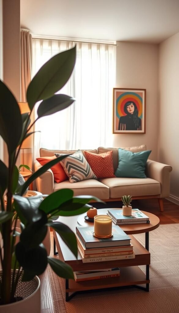 A cozy, inviting small living space that embodies stylish home decor for renters. In the foreground, a lush indoor plant adds life next to a chic, minimalist coffee table adorned with stylish books and a trendy candle. In the middle, a tastefully arranged small sofa with colorful throw pillows offers comfort, while a vibrant wall art piece adds personality. The background features a window with soft, sheer curtains allowing warm, natural light to illuminate the room, creating a cozy atmosphere. The color palette is soft pastels and earthy tones, enhancing the serene vibe. The image adopts a warm, welcoming feel, perfect for Pinterest-style lifestyle aesthetics, branded with "CozyTrendHub". Capture this scene from a slightly angled perspective, simulating a wide-angle lens for depth.