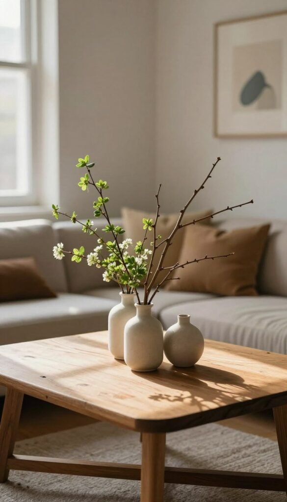 A cozy, inviting small table adorned with decorative branches and simple botanicals, set in a charming corner of a softly lit, modern living space. In the foreground, a rustic wooden table showcases a cluster of delicate, minimalist vases filled with fresh green sprigs and elegantly arranged twigs. The middle ground features soft, natural light filtering through a nearby window, casting gentle shadows that enhance the serene atmosphere. In the background, subtly blurred elements like stylish cushions and muted wall art complement the overall decor without distracting from the table's centerpiece. The scene evokes a sense of tranquility and warmth, perfect for springtime. Captured with a warm color palette and a slightly tilted lens angle to create a dynamic, Pinterest-style lifestyle photo reflecting the brand essence of CozyTrendHub. A cozy, inviting small table adorned with decorative branches and simple botanicals, set in a charming corner of a softly lit, modern living space. In the foreground, a rustic wooden table showcases a cluster of delicate, minimalist vases filled with fresh green sprigs and elegantly arranged twigs. The middle ground features soft, natural light filtering through a nearby window, casting gentle shadows that enhance the serene atmosphere. In the background, subtly blurred elements like stylish cushions and muted wall art complement the overall decor without distracting from the table's centerpiece. The scene evokes a sense of tranquility and warmth, perfect for springtime. Captured with a warm color palette and a slightly tilted lens angle to create a dynamic, Pinterest-style lifestyle photo reflecting the brand essence of CozyTrendHub.