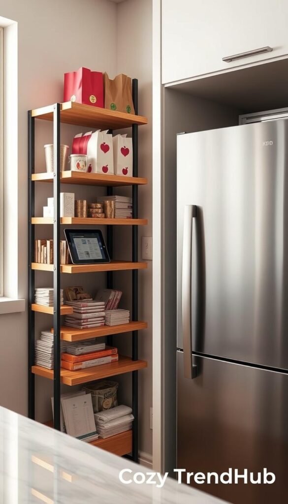 A cozy kitchen corner featuring slim, modern shelving units positioned next to a sleek refrigerator. The shelves are filled with neatly arranged items: colorful paper bags, tablets displaying digital recipes, and various household paper products like napkins and grocery lists, all in an organized manner. The foreground highlights the texture of the wooden shelves, enhancing their modern appeal. In the middle, there's a stylish fridge that complements the overall aesthetic. The background includes soft, natural lighting filtering through a nearby window, creating a warm, inviting atmosphere. The scene conveys a sense of clever space-saving and smart organization. The overall vibe aligns with the Pinterest-style lifestyle photos from "CozyTrendHub".