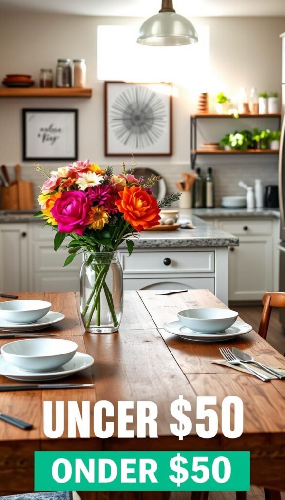 A cozy kitchen scene designed for a stylish, high-end feel, showcasing decor upgrades under $50. In the foreground, an elegantly set dining table with a rustic wooden finish, laid with chic ceramic dishes and vibrant seasonal flowers in a glass vase. The middle area features a counter with stylish cutting boards, sleek kitchen utensils, and an eye-catching, affordable wall art piece. In the background, a well-organized pantry with an assortment of spices in clear jars and simple, modern shelving holding potted herbs. Soft, natural light filters through a window, illuminating the warm tones of the kitchen. The overall atmosphere is inviting and serene, reflecting the essence of CozyTrendHub's decor philosophy.