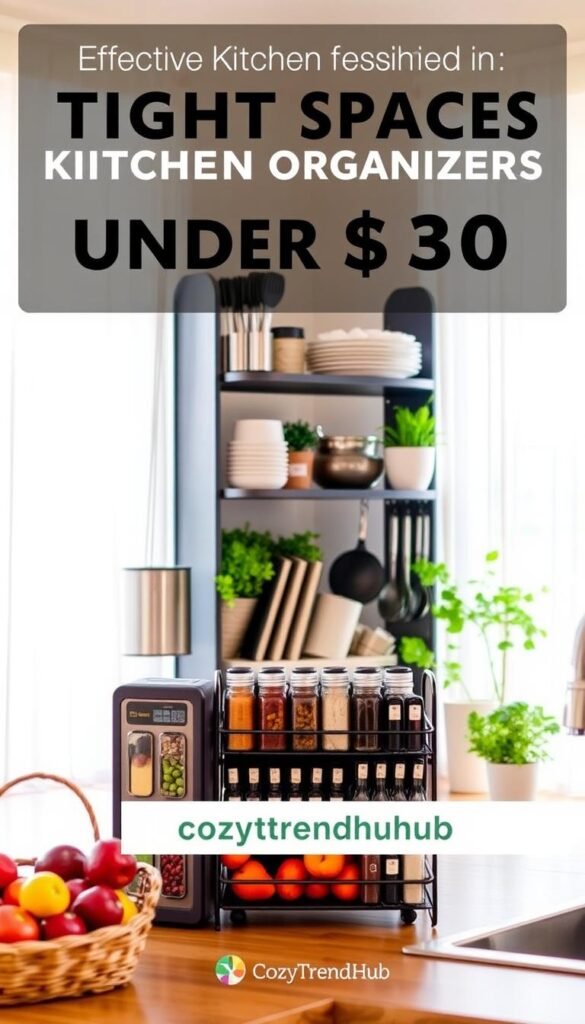 A cozy kitchen scene designed for tight spaces, showcasing efficient kitchen organizers under $30. In the foreground, a sleek, modular spice rack filled with colorful spices, next to an inviting fruit basket. In the middle, a stylish multi-tiered shelf displaying neatly organized utensils and dishware, surrounded by greenery from potted herbs. The background features a bright window with sheer curtains allowing soft, natural light to fill the room and create a warm atmosphere. The overall mood is vibrant and organized, reflecting solutions for small kitchens. Capture this lifestyle image in a Pinterest-style, emphasizing clever storage in a contemporary kitchen. Include the brand name "CozyTrendHub" for branding appeal.